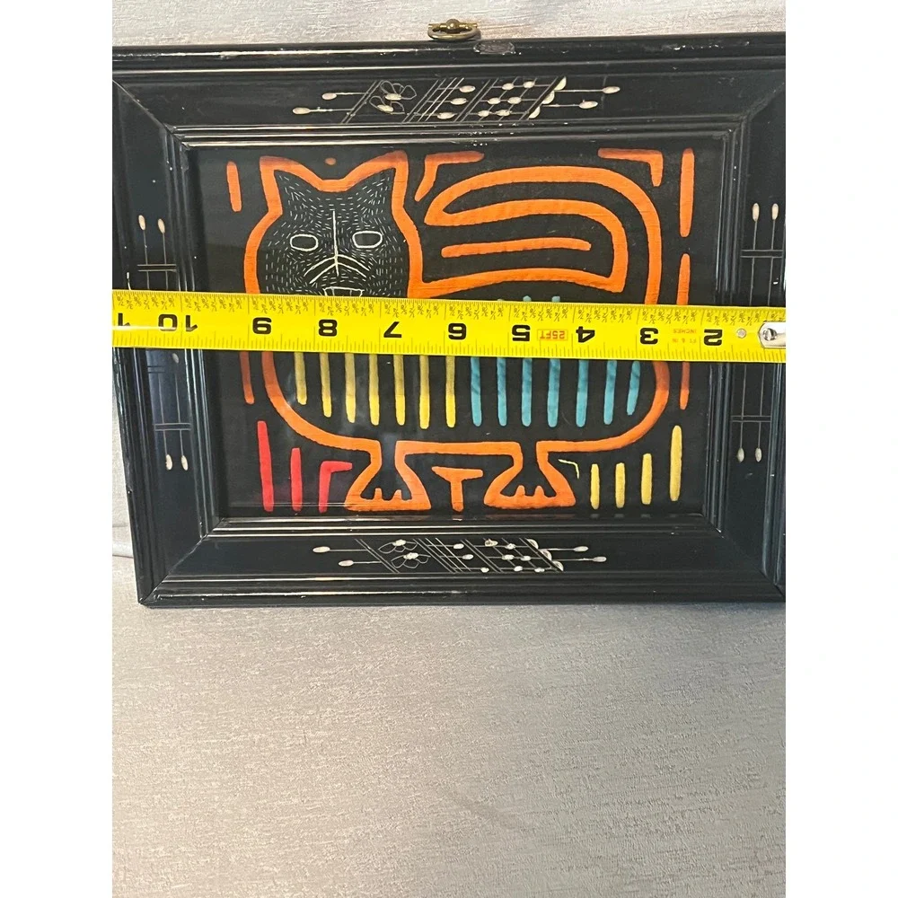 Vintage Panama Mola Folk Art Framed Cat Textile Guna Indigenous Handmade Art